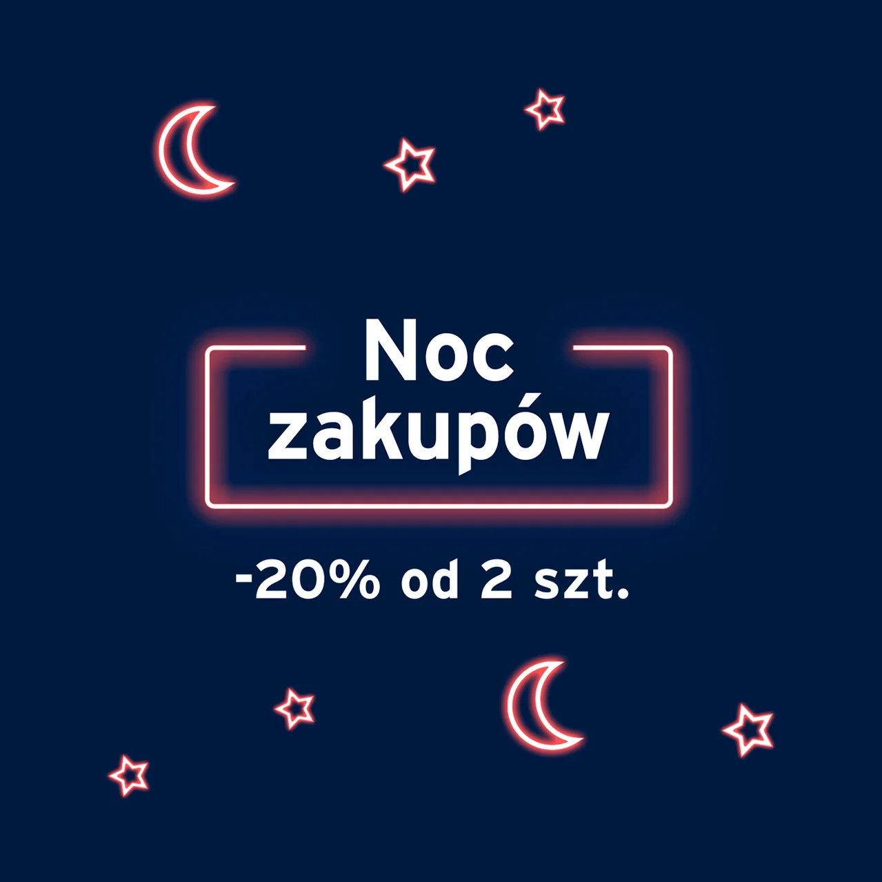 Na granatowym tle gwiazdy i księżyce wokół napisu "Noc zakupów" z rabatem.