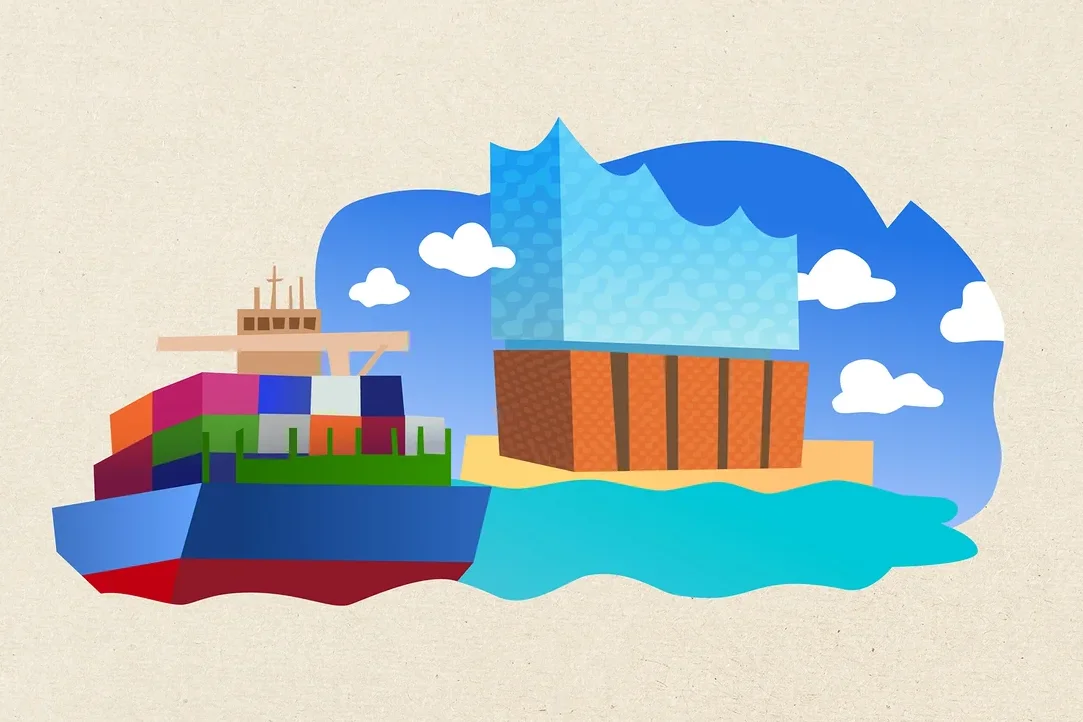 Illustration eines Containerschiffs mit bunten Containern, das an einem Gebäude vorbeifährt, das der Elbphilharmonie ähnelt, mit Wasser und blauem Himmel mit Wolken.