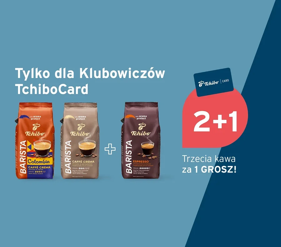 Trzy opakowania kawy Tchibo Barista (Colombia Caffè Crema, Caffè Crema, Espresso) na niebieskim tle, obok TchiboCard i oferta „2+1” dla klubowiczów: „Trzecia kawa za 1 GROSZ!”