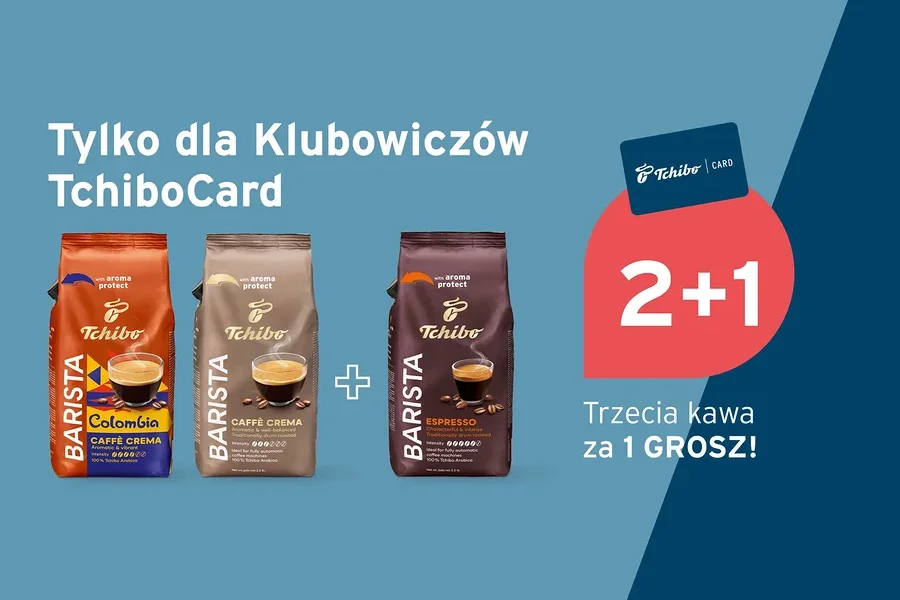 Trzy opakowania kawy Tchibo Barista (Colombia Caffè Crema, Caffè Crema, Espresso) na niebieskim tle, obok TchiboCard i oferta „2+1” dla klubowiczów: „Trzecia kawa za 1 GROSZ!”
