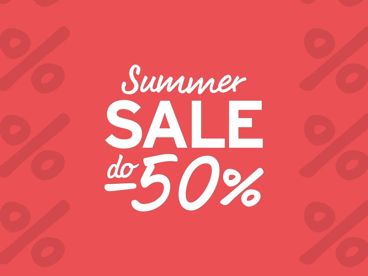 Czerwone tło z białym napisem „Summer SALE do 50%”. Po bokach widoczne są słabe symbole procentowe.