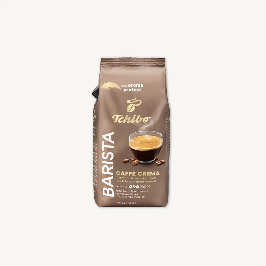 Brązowa paczka kawy Tchibo Barista Caffè Crema ze zdjęciem filiżanki kawy.