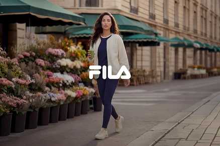 Kobieta idzie chodnikiem obok straganu z kwiatami, ubrana w granatowy top i legginsy, kremową kurtkę i beżowe sneakersy, trzymając zielony napój. Nałożone logo Fila.