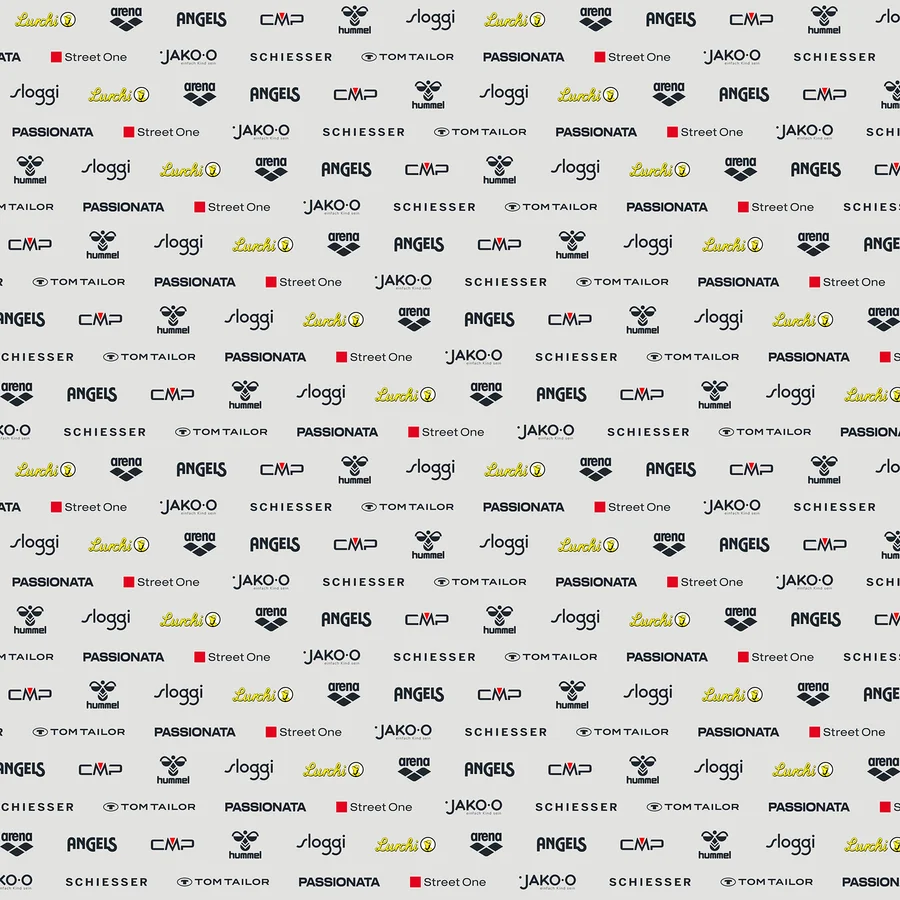 Powtarzający się wzór różnych logo marek, w tym Arena, Angels, CMP, Hummel, Sloggi, Lurchi, Passionata, Street One, Jako-o, Schiesser i Tom Tailor.