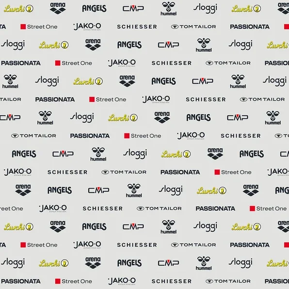 Powtarzający się wzór różnych logo marek, w tym Arena, Angels, CMP, Hummel, Sloggi, Lurchi, Passionata, Street One, Jako-o, Schiesser i Tom Tailor.