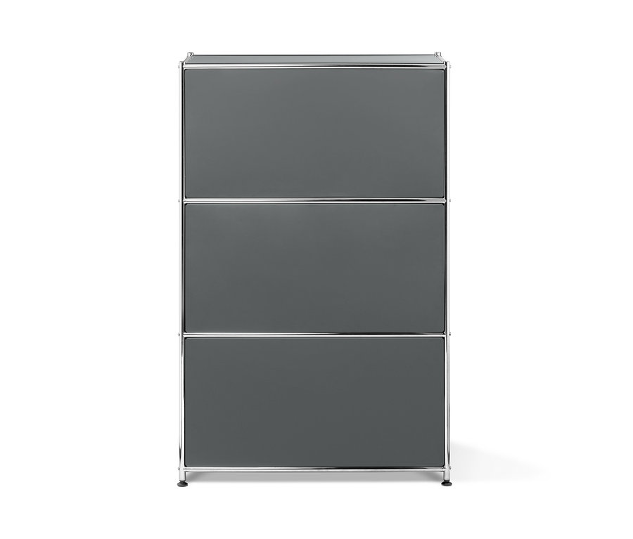 Szara metalowa szafka z trzema klapami.