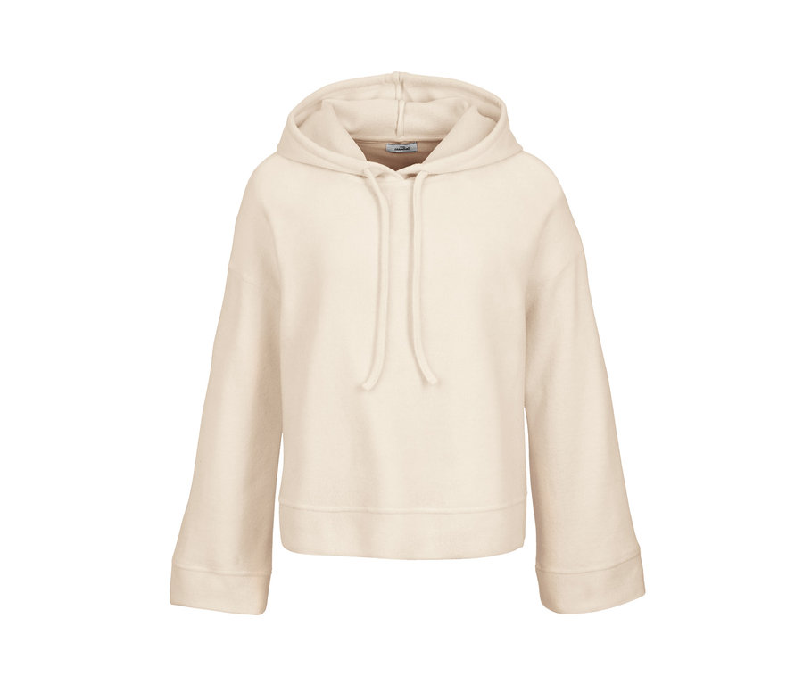 Kremowa bluza polarowa z kapturem.