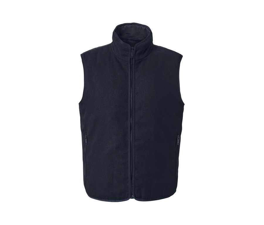 Granatowa kamizelka dwustronna zapinana na zamek błyskawiczny pośrodku.
