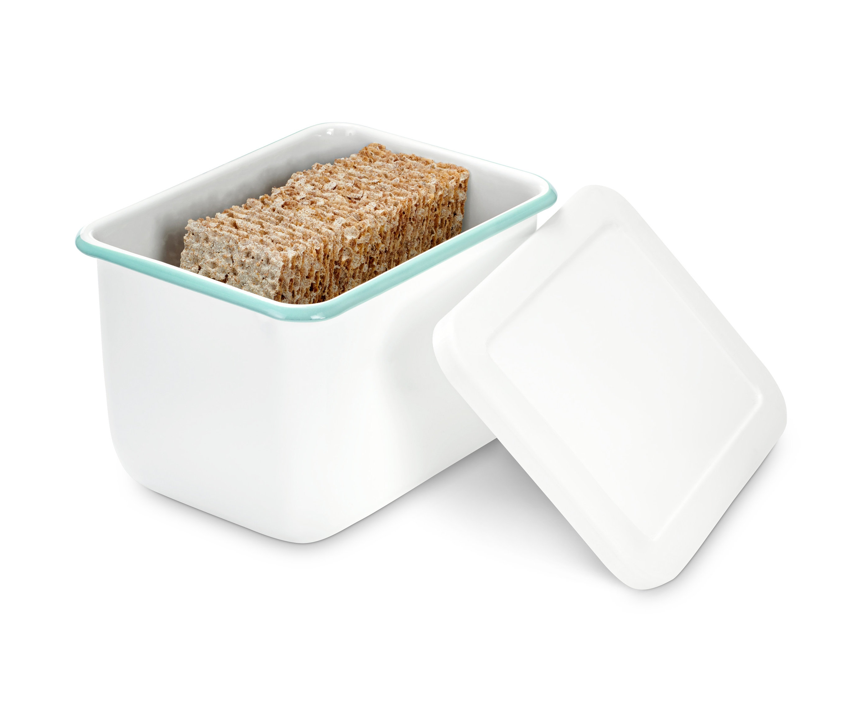 Chrupkie pieczywo w emaliowanym pojemniku.