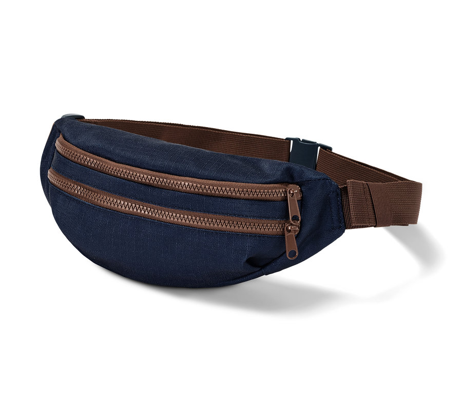 Granatowa saszetka biodrowa z brązowymi zamkami i brązowym paskiem.