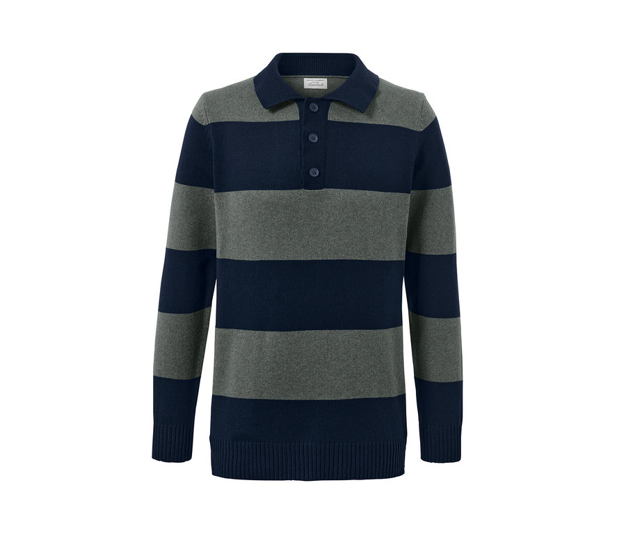 Polo w paski szaro-granatowe.