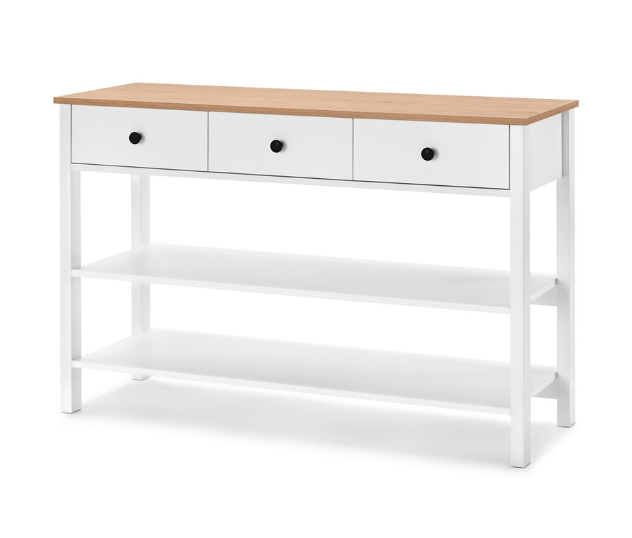 Biała lada z szufladami i jasnym blatem.