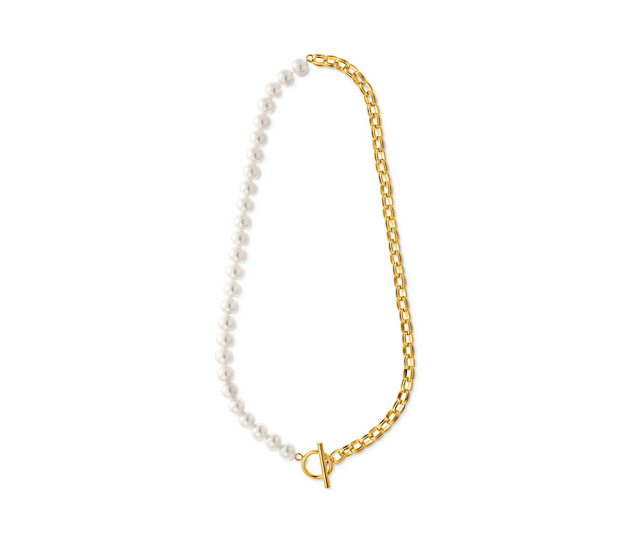 Naszyjnik, połowa pereł, połowa złoty łańcuszek.
