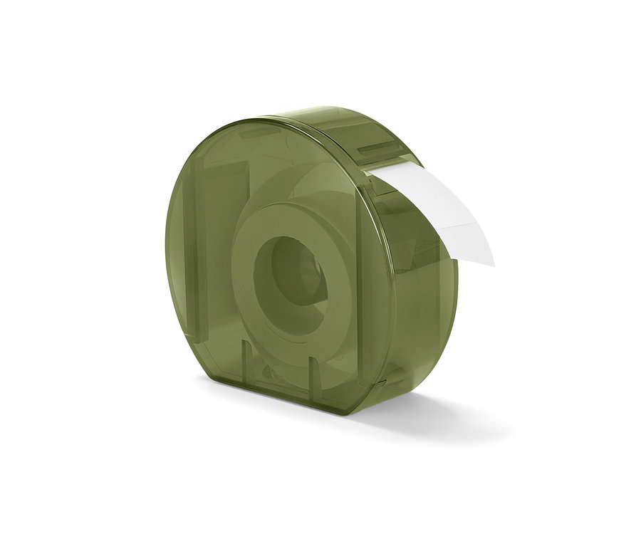 Zielony podajnik etykiet z białą etykietą.