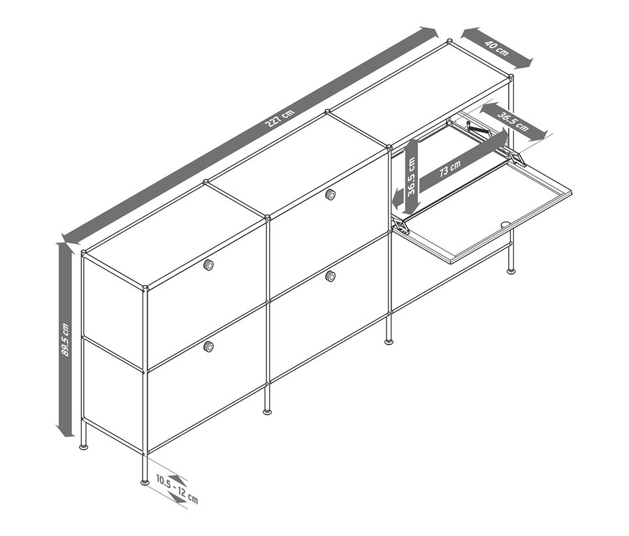 Szkic szafki typu sideboard »CN3« z 6 klapami. Wymiary podano w centymetrach.