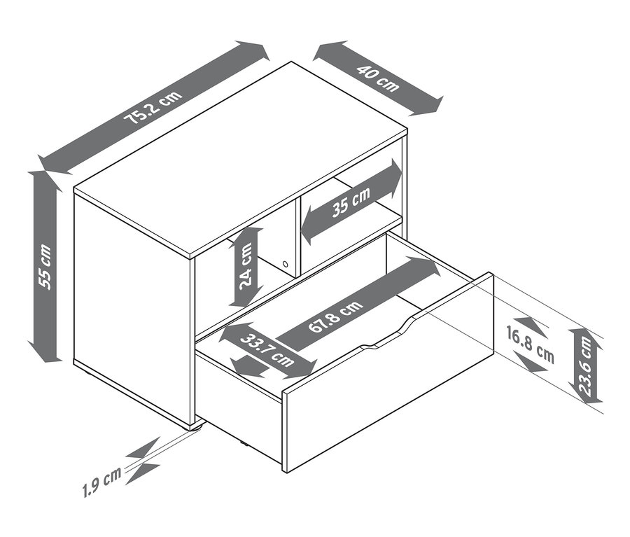 Rysunek szafki z szufladą z podanymi wymiarami.