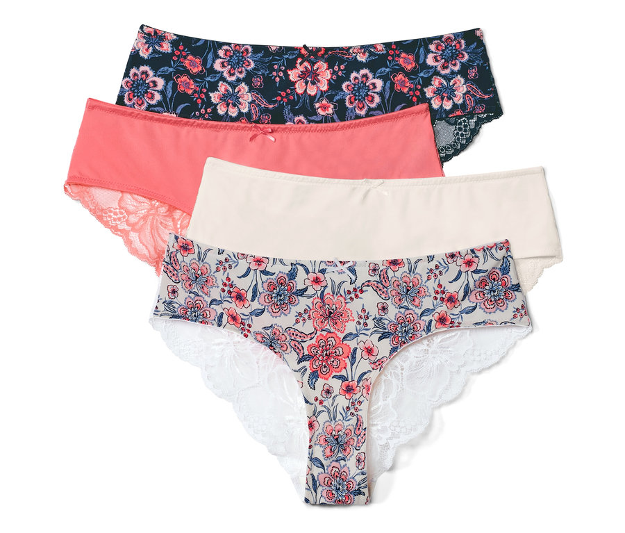 Cztery pary fig brazylijskich w różnych kolorach i wzorach leżą na sobie.