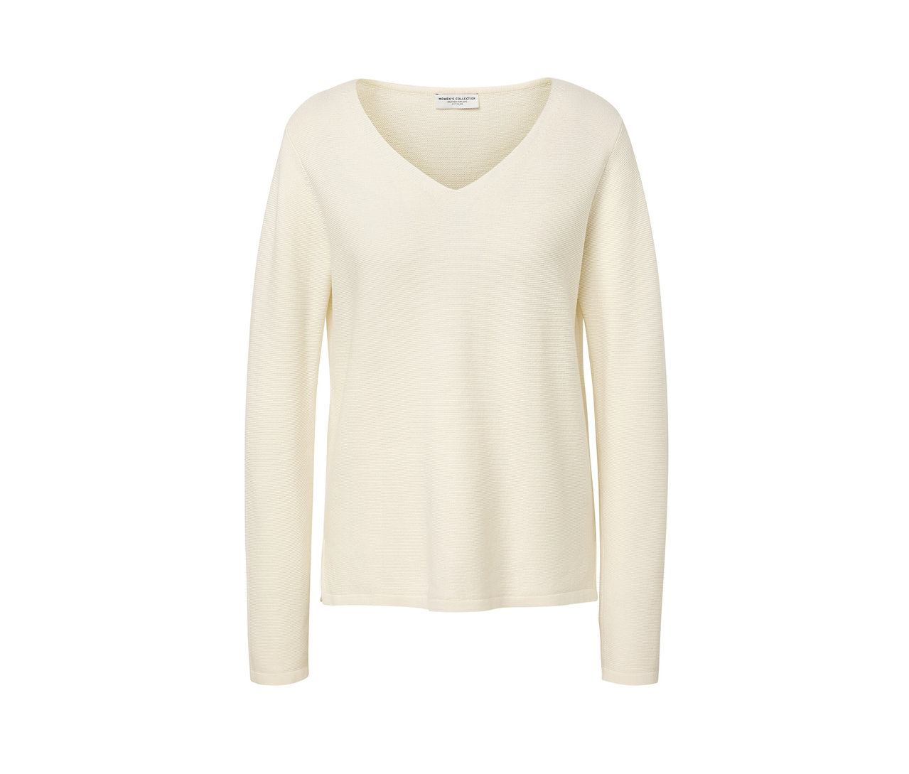 Kremowy sweter z dekoltem w serek.