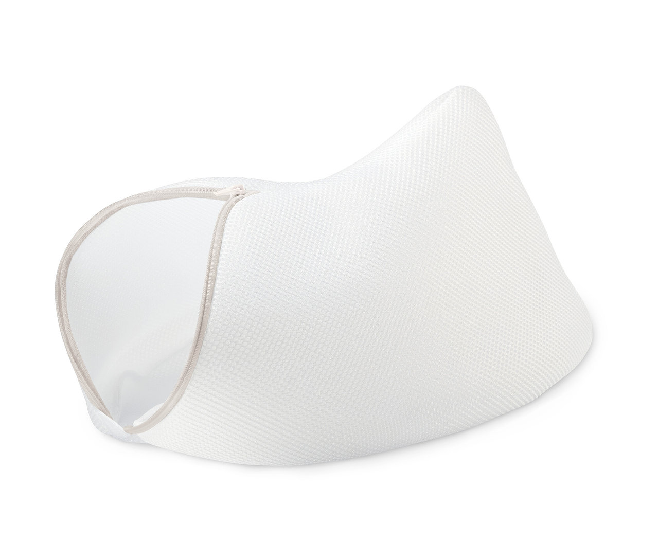 Biały woreczek do prania butów z zamkiem błyskawicznym.