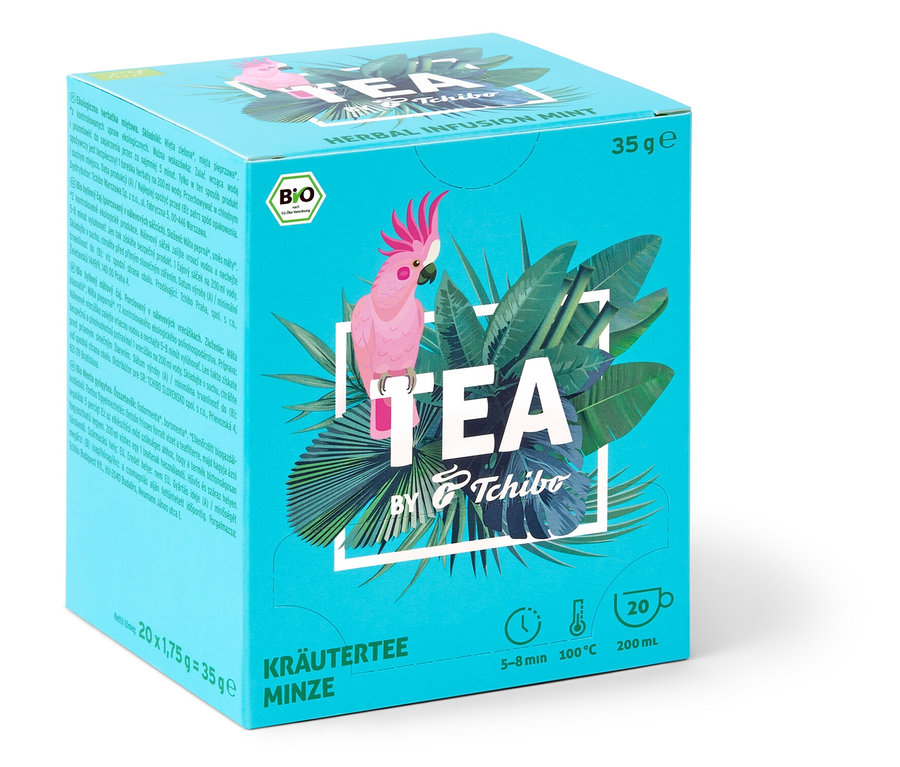 Opakowanie BIO TEA by Tchibo Mięta z kakadu i tropikalnymi liśćmi.