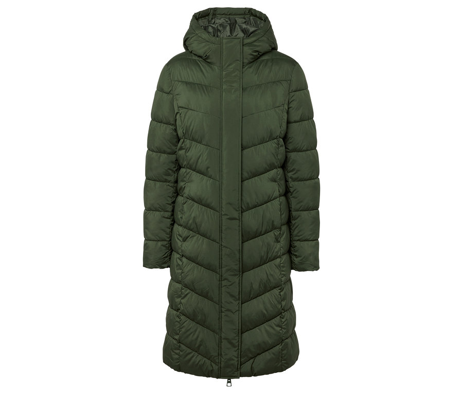 Zielona kurtka puchowa z kapturem.