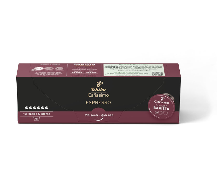 Opakowanie 10 kapsułek Cafissimo BARISTA Espresso. Opakowanie jest ciemnobrązowe z czarną środkową częścią i napisem Cafissimo ESPRESSO.