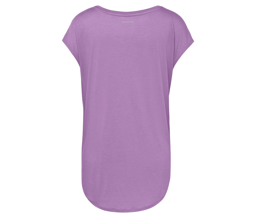 Fioletowa koszulka z krótkim rękawem i okrągłym dekoltem.