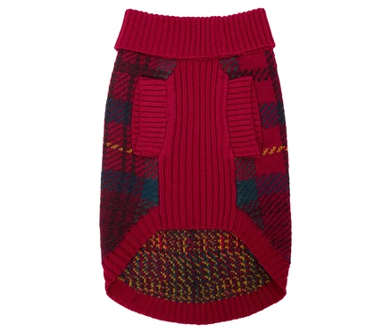 Czerwony sweter dla psa w kratę.