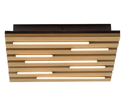 Kwadratowa sufitowa lampa akustyczna Just Light z ciemną podstawą i poziomymi drewnianymi lamelami, pomiędzy którymi widoczne są podświetlane paski świetlne.