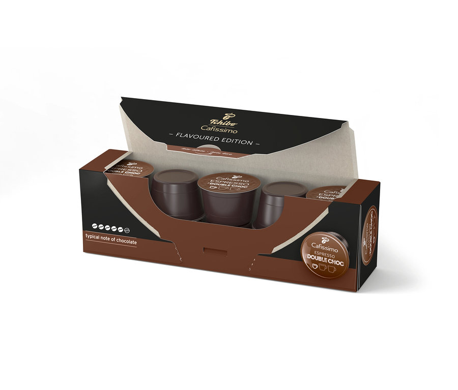 Otwarte opakowanie kapsułek Cafissimo Flavoured Espresso – Double Choc, z kapsułkami w środku.