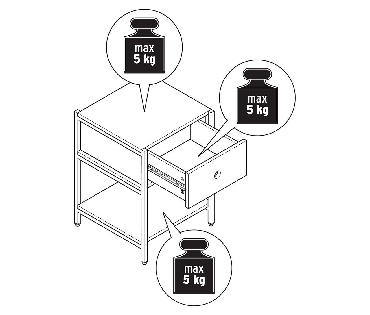 Szkic szafki nocnej z otwartą szufladą i maksymalnym obciążeniem 5 kg.