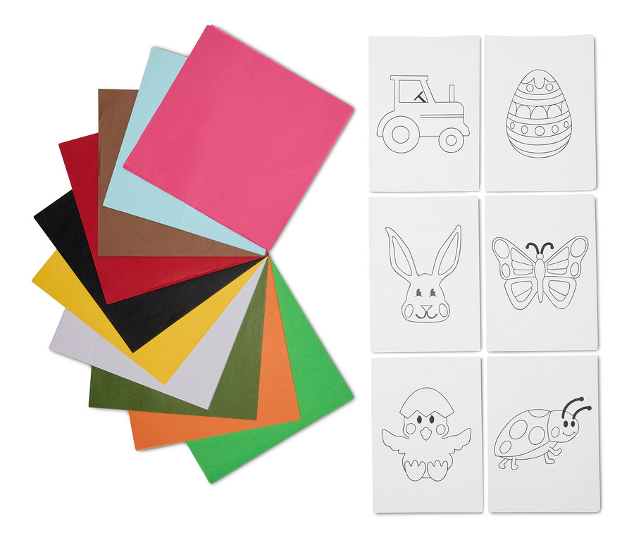 Wielobarwny filc rzemieślniczy po lewej, sześć motywów wielkanocnych do pokolorowania po prawej.