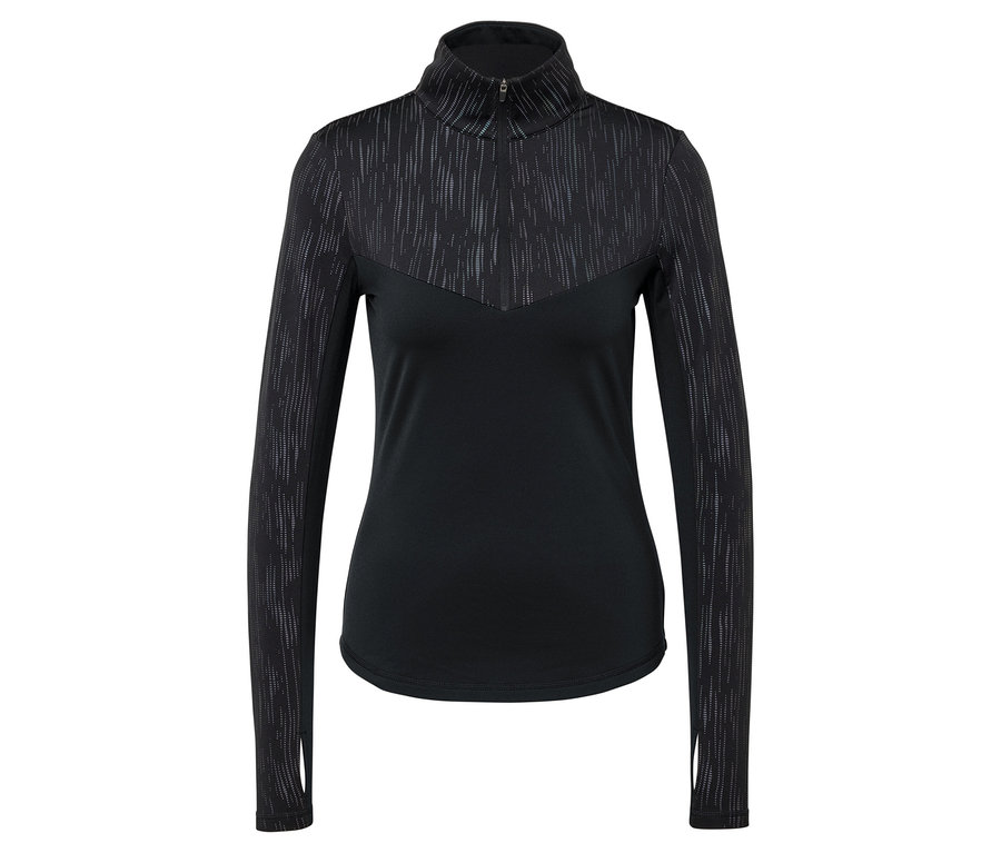 Czarna koszulka z długim rękawem z teksturowanymi detalami na ramionach i górze.