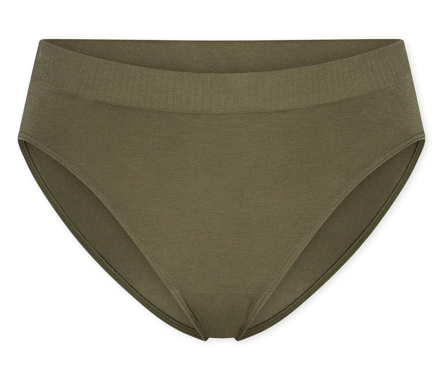 Oliwkowozielone figi rio SCHIESSER z prążkowanym pasem, leżące płasko na białym tle.