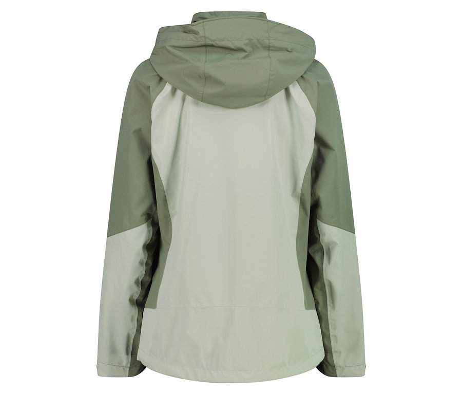 Widok z tyłu jasnozielonej i szarej kurtki z kapturem.