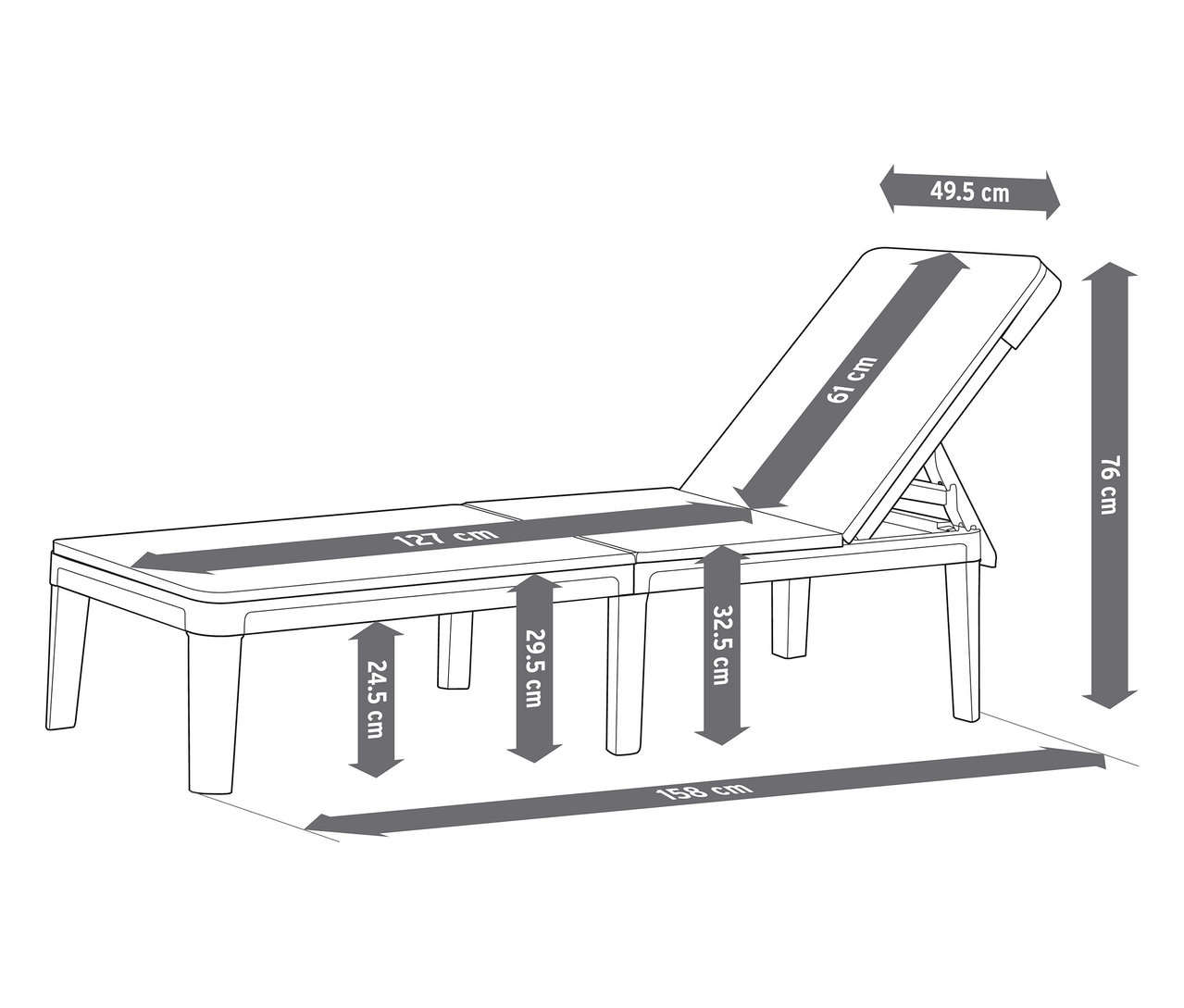 Ilustracja leżaka z wymiarami podanymi w centymetrach.