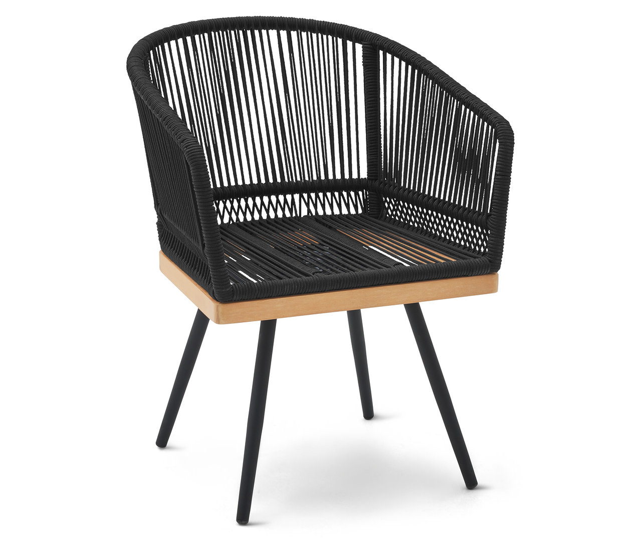 Drehbarer Gartenstuhl mit Textilgeflecht.