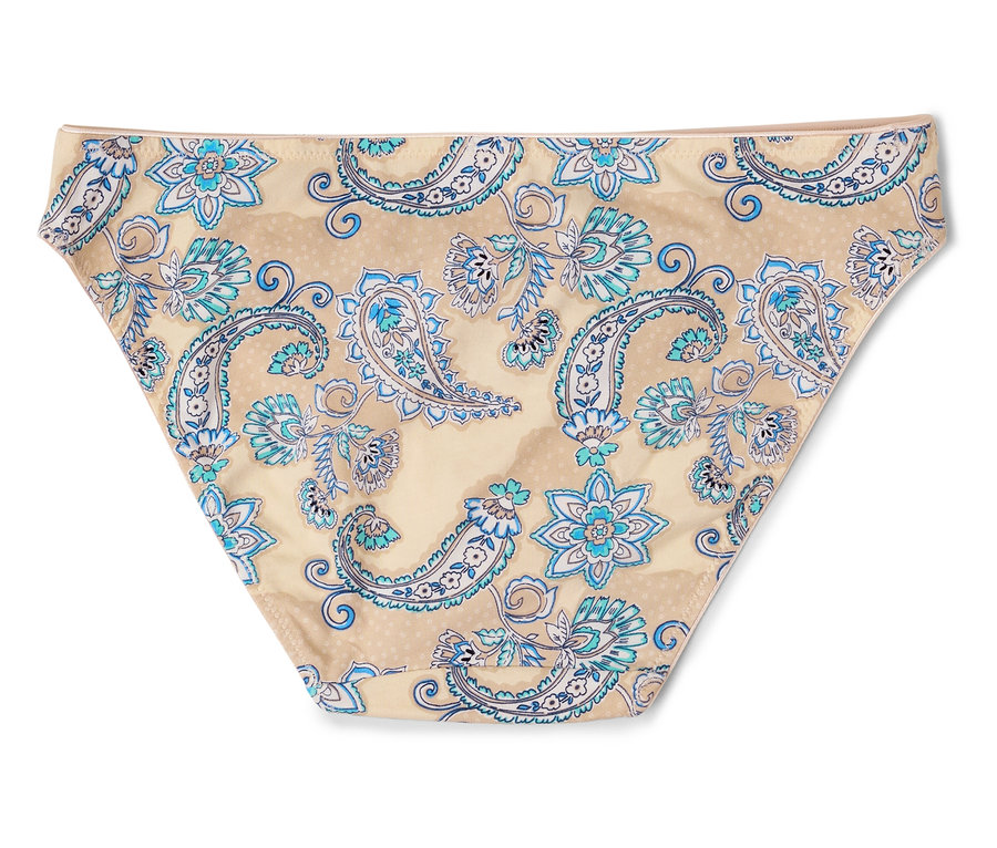 Spodnie z niebieskim kwiatowym wzorem na beżowym tle.