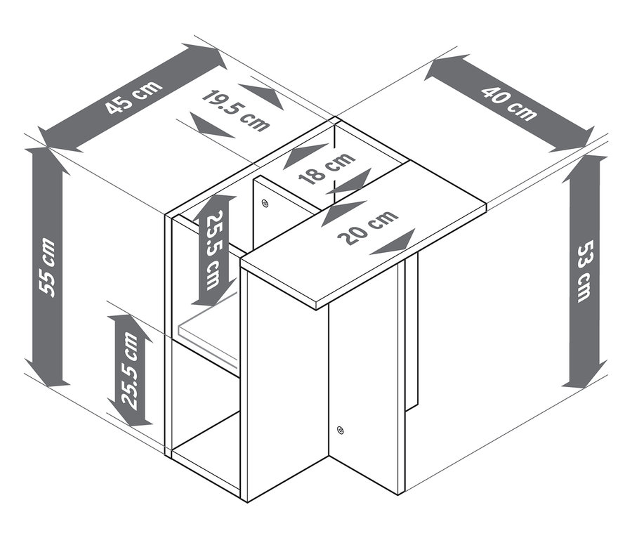 Widok z góry stolika w drewnianym stylu o wymiarach 55 x 45 x 40 cm.