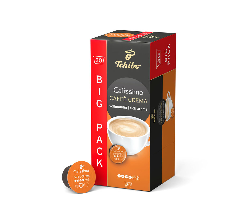 Na zdjęciu stoi opakowanie Cafissimo Caffè Crema vollmundig - 30 kapsułek.