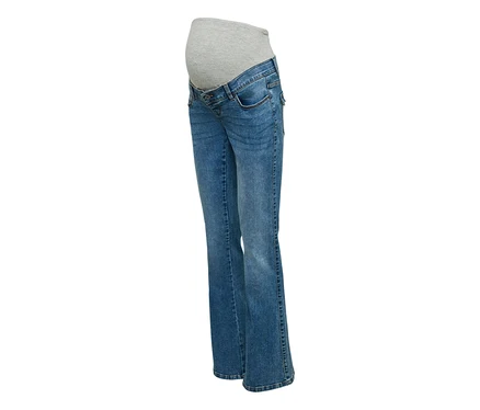 Niebieskie dżinsy ciążowe MAMALICIOUS Flared Pocket Jeans »KAIRO« z szarym panelem.