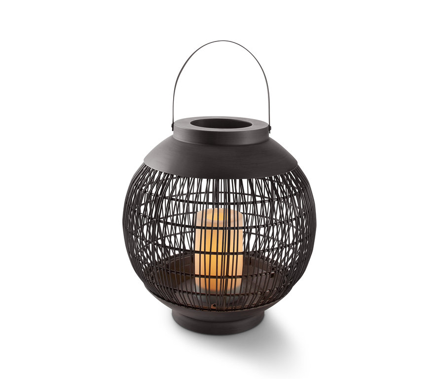 Nastrojowa lampa LED, ogrodowa, o okrągłej konstrukcji z czarnego metalu i uchwytem.