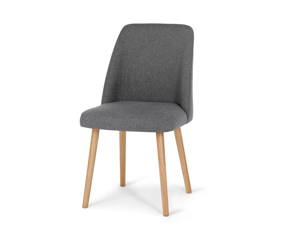 Szare krzesło tapicerowane z drewnianymi nogami.