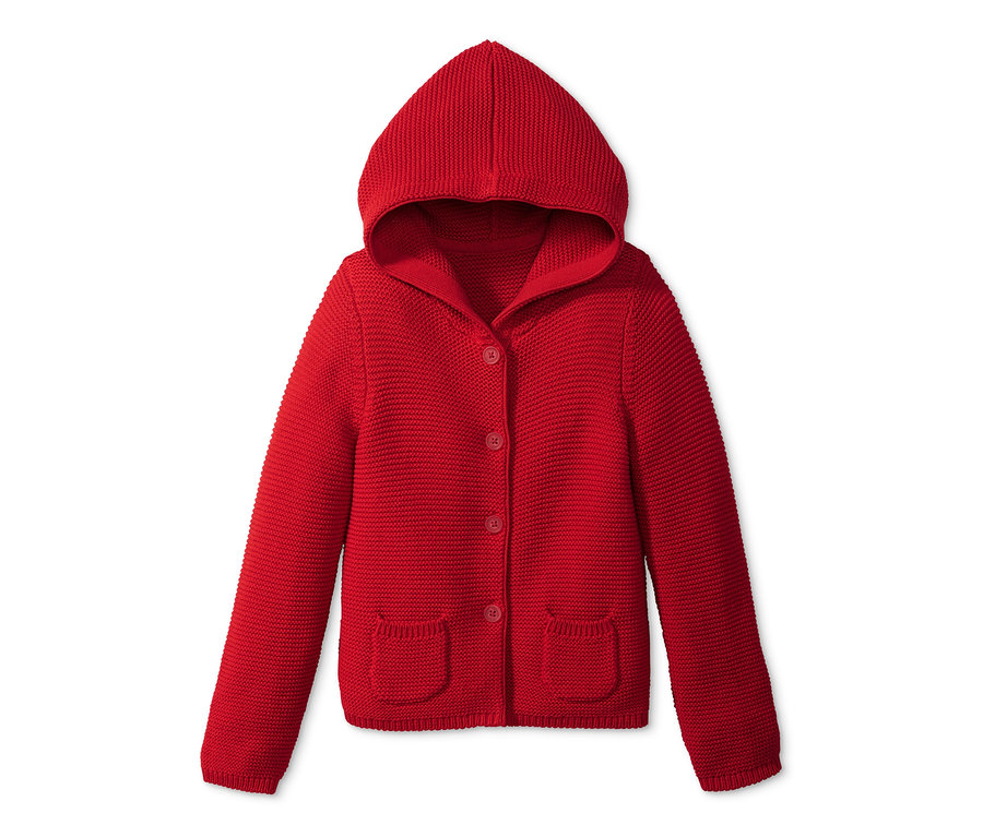 Czerwony sweter dziecięcy z kaputem zapinany na guziki.