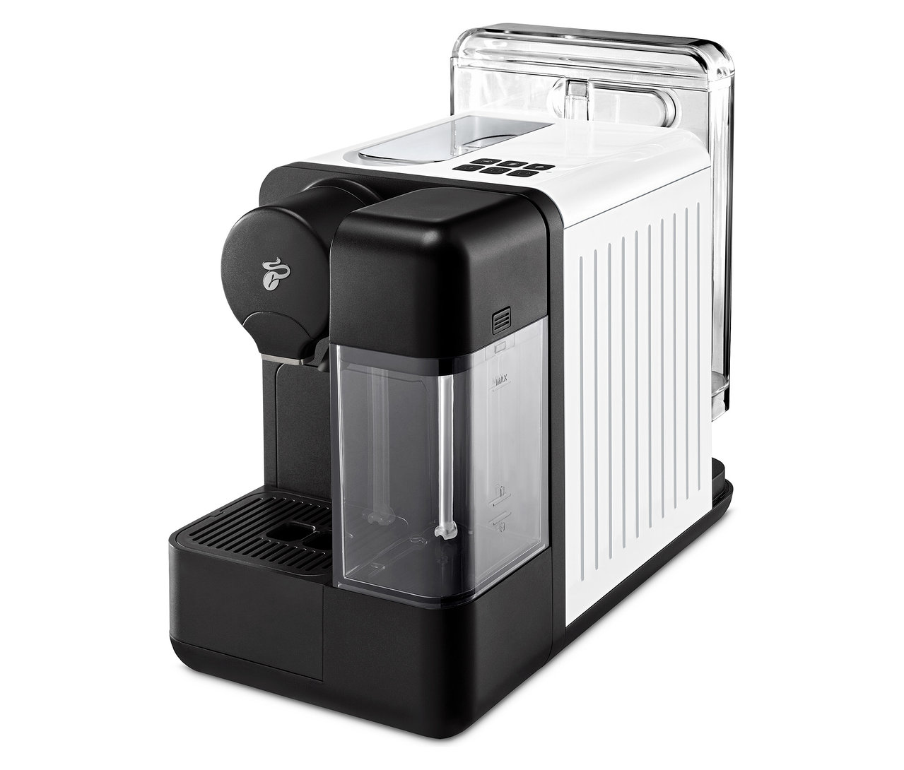 Czarno-biały ekspres do kawy Cafissimo milk, białe od przodu.