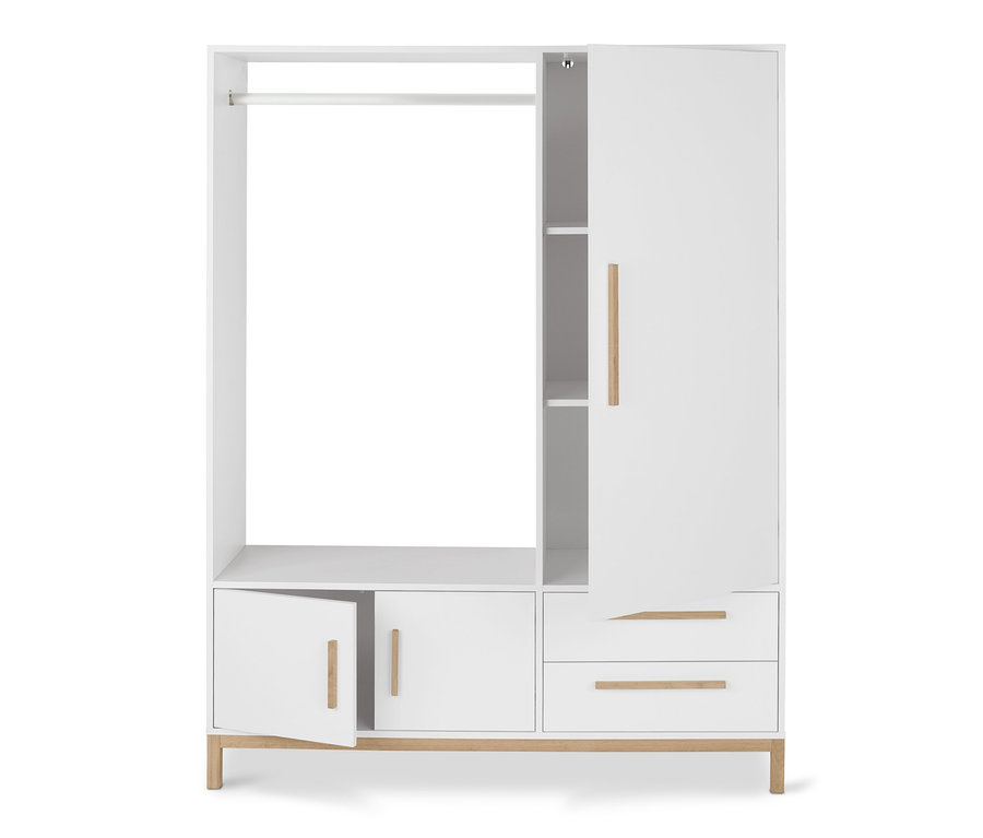 Biała szafa garderobiana »Eklund« z otwartymi drzwiami i szufladami.