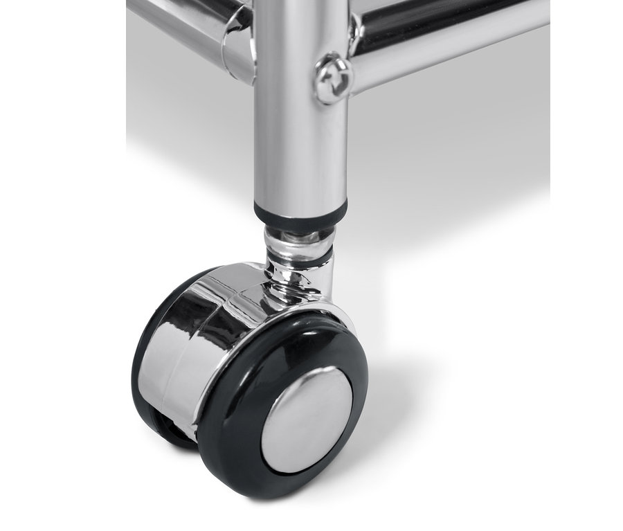 Zbliżenie na kółko metalowego stolika »CN3« z szufladą, białego.