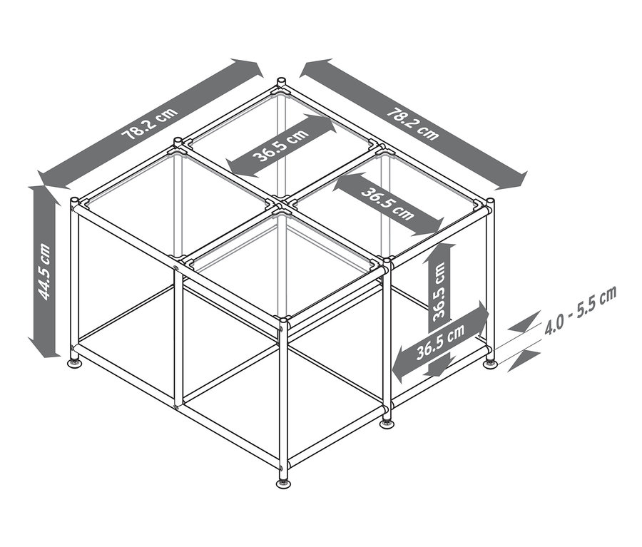 Wymiary metalowego stolika CN3 z 4 szklanymi półkami: 78,2 x 78,2 x 44,5 cm.
