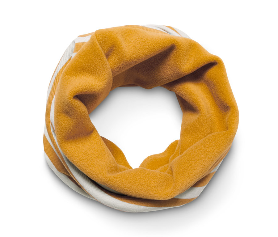 Żółta chustka wielofunkcyjna w białe paski.