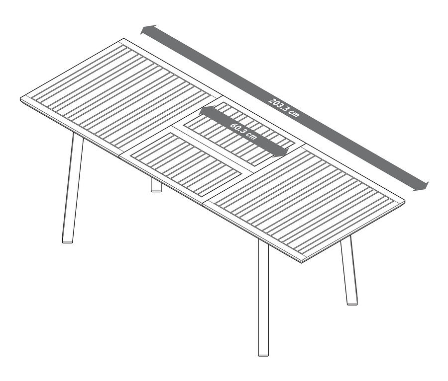 Szkic rozsuwanego stołu ogrodowego Liska o wymiarach ok. 143/203 cm.